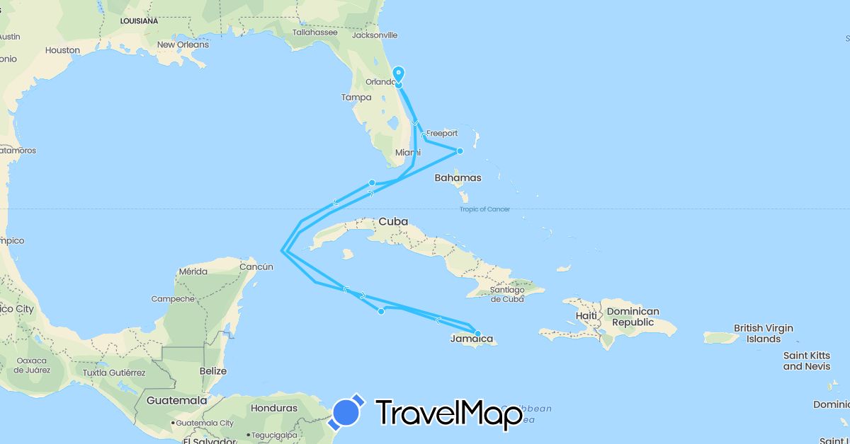 TravelMap itinerary: boat in Bahamas, Jamaica, Cayman Islands, United States (North America)