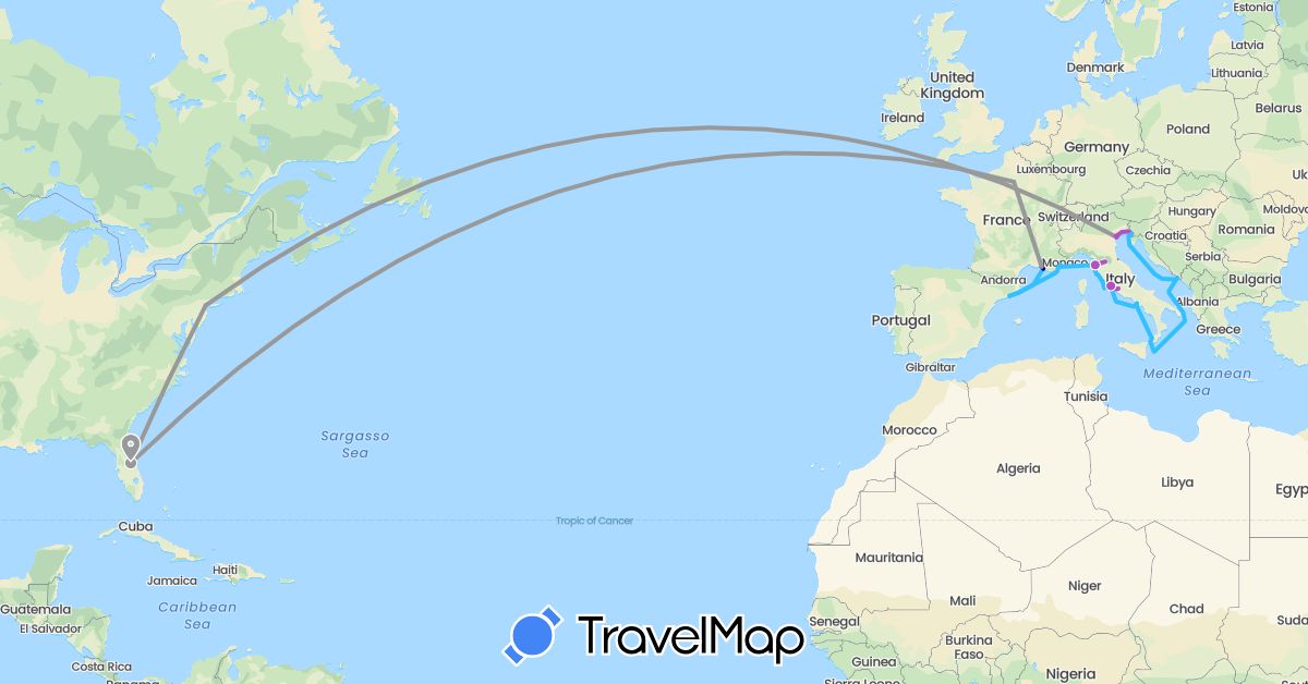 TravelMap itinerary: driving, plane, train, hiking, boat in Spain, France, Croatia, Italy, United States (Europe, North America)